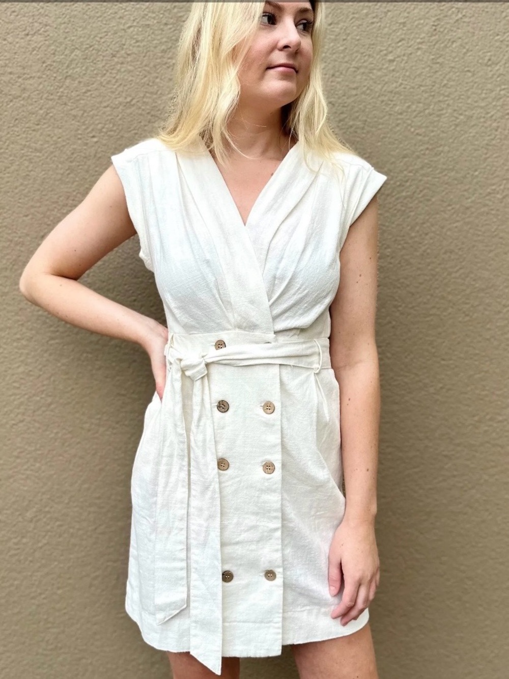 Sleeveless Cream Wrap Buttoned Belted Dress
